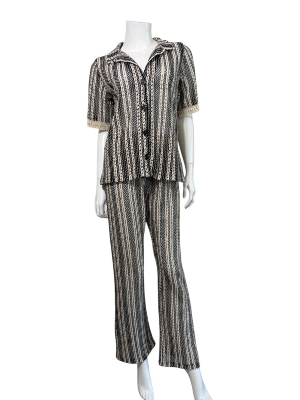 ELSE Santorini Knit Button Shirt and Knit Pants Set in Black/Ivory Size XS/S